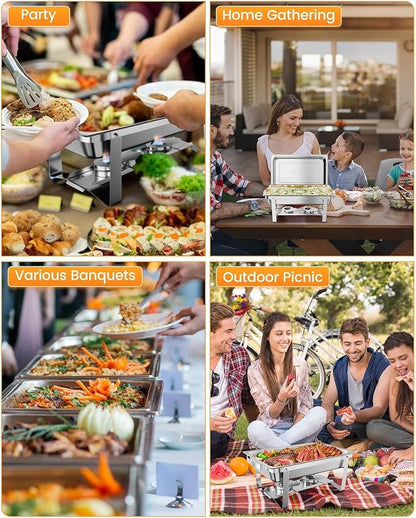 6 Pack Chafing Dishes for Buffet, Stainless Steel Catering Chafer with Lids, Pans & Fuel Holder, 8QT Food Warmers for Parties Buffet, Buffet Servers and Warmers for Parties, Events, Weddings,Silver