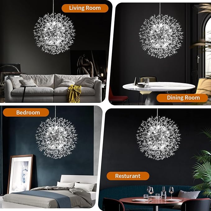 Crystal Chandelier, Firework Modern Beaded Chandeliers, Dandelion Chrome Pendant Lamp, Hanging Lighting Fixture for Bedroom, Dining Room, Kitchen, Farmhouse, Hallway, Foyer, 22" Chrome 12 Lights