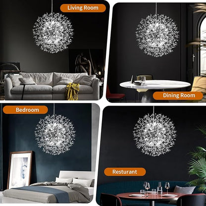 Crystal Chandelier, Firework Modern Beaded Chandeliers, Dandelion Chrome Pendant Lamp, Hanging Lighting Fixture for Bedroom, Dining Room, Kitchen, Farmhouse, Hallway, Foyer, 22" Chrome 12 Lights