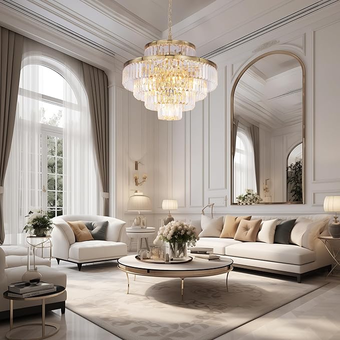 Gold Modern Crystal Chandelier Pendant Ceiling Lights Chandeliers Lighting Fixture for Dining Living Room Foyer Hallway 12-Lights (Dia 24 Inch)