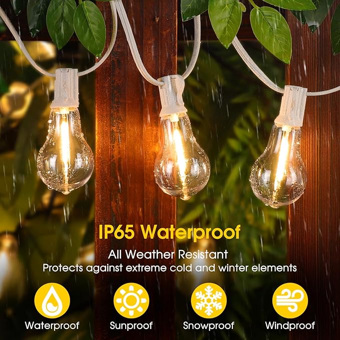 Larkvue 100FT Outdoor String Lights, LED Patio Lights with 32 Waterproof Shatterproof Dimmable A39 Hanging Bulbs(2 Spare) for Garden Wedding-White