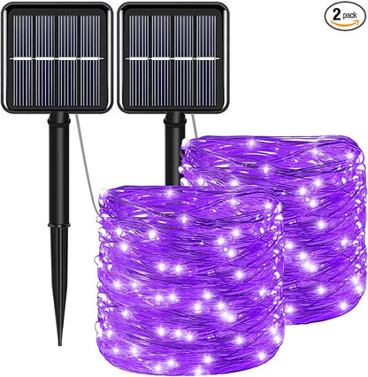 Solar Christmas Halloween String Lights Purple Outdoor Waterproof 2Pack Total 200Led 8 Modes Copper String Lights Fairy Lights for Valentine's Day Garden, Patio, Fence, Balcony, Outdoors