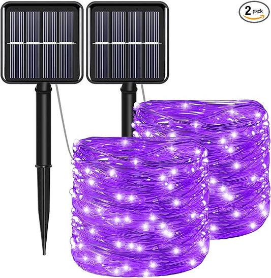 Solar Christmas Halloween String Lights Purple Outdoor Waterproof 2Pack Total 200Led 8 Modes Copper String Lights Fairy Lights for Valentine's Day Garden, Patio, Fence, Balcony, Outdoors