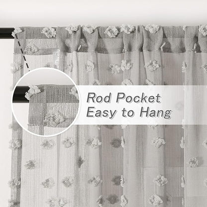 MYSKY HOME Grey Sheer Short Curtains for Kitchen 54 inch Long with Pom Pom Small Windows Bedroom Nursery Kids Girls Room Curtains Cafe Light Filtering Boho Drapes, Rod Pocket,52" Wide, 2 Panels