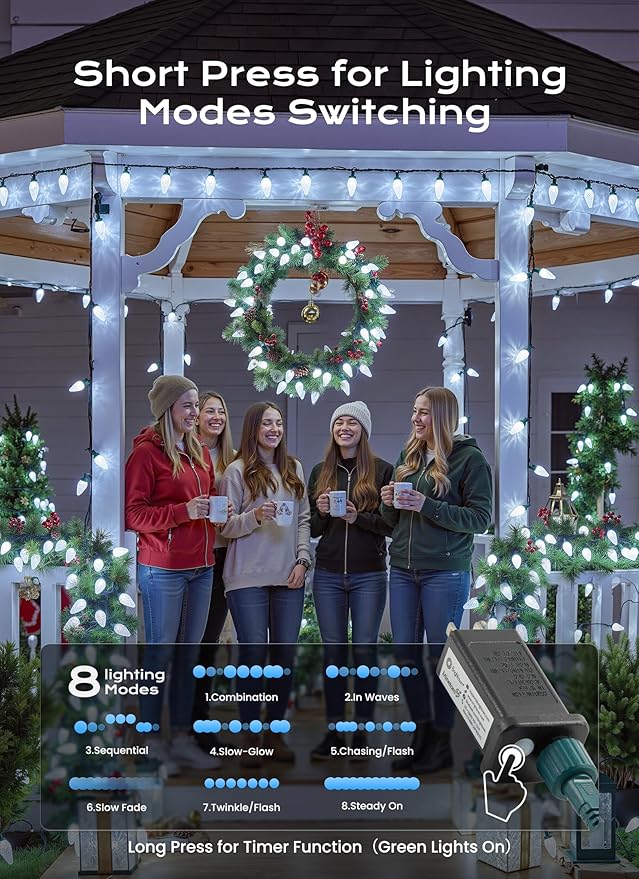 Minetom C9 Christmas Lights Outdoor, 82 FT 100 LED Connectable C9 String Lights with 8 Modes and Timer Extendable Xmas Tree Patio Roofline Garden Yard Holiday Party Indoor Outdoor Decoration, White