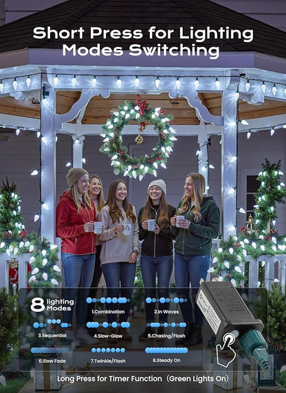Minetom C9 Christmas Lights Outdoor, 82 FT 100 LED Connectable C9 String Lights with 8 Modes and Timer Extendable Xmas Tree Patio Roofline Garden Yard Holiday Party Indoor Outdoor Decoration, White