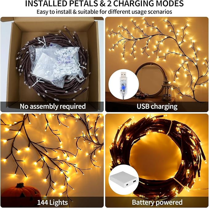 FNHMSL Enchanted Willow Vine Lights 7.55FT 144LED 2 PCS Brown Tree Branch Lights for Wall, Remote Timer,8 Light Model,Bedroom Wall Doors Wedding, Christmas, USB Battery Box