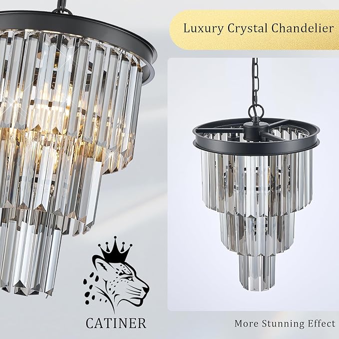 CATINER 3 Tiers Black Crystal Pendant Light, Mini Smoke Gray K9 Crystal Chandelier Modern Pendant Light Fixture for Kitchen Island Dining Room Hallway Bedroom Closet