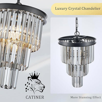 Black 3 Tiers Crystal Pendant Light, 3 Pack Mini Smoke Gray K9 Crystal Chandelier Modern Pendant Light Fixture for Kitchen Island Dining Room Hallway Bedroom Closet