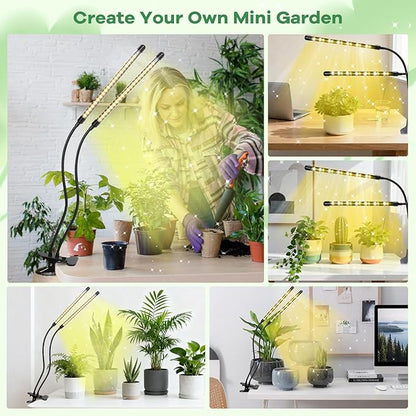 Led Grow Lights, 2 Heads Full Spectrum Plant Light with Clamp for Indoor Plants & Seed Starting, 10-Level Dimmable, Auto On Off, Timing 3 9 12Hrs