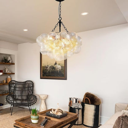 Hand Blown Glass Bubble Ball Chandelier Black Finish 20" Small Pendant Lights Art Deco Cluster Swirled Art Deco Cluster Ribbed Blown Glass Globe Lighting for Entry Room Bathroom Bedroom