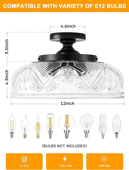 Semi Flush Mount Ceiling Light, 12 Inch Large Black Ceiling Light Fixture, 3-Light Globe Glass Industrial Kitchen Lighting Fixtures for Bathroom, Hallway, Dining Room (Bulb Not Included)