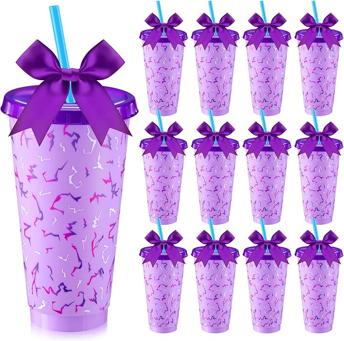 12 Sets Kpop Theme Party Supplies 24 oz Reusable Purple Lightning Crack Print Themed Party Plastic Cups and Purple Bows Bulk Kpop Theme Drinking Cups for Birthday Baby Shower Decoration