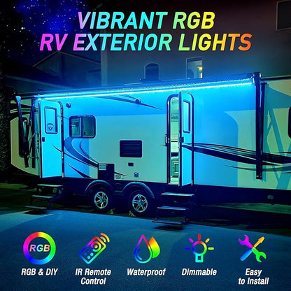 16.4FT RV Awning Lights, 12V Camper LED Light Strip with Remote and APP Control, Waterproof RV Exterior Strip Lights for Canopy Motorhome Travel Trailer Camping BBQ Kitchen (1PC-16.4FT New)