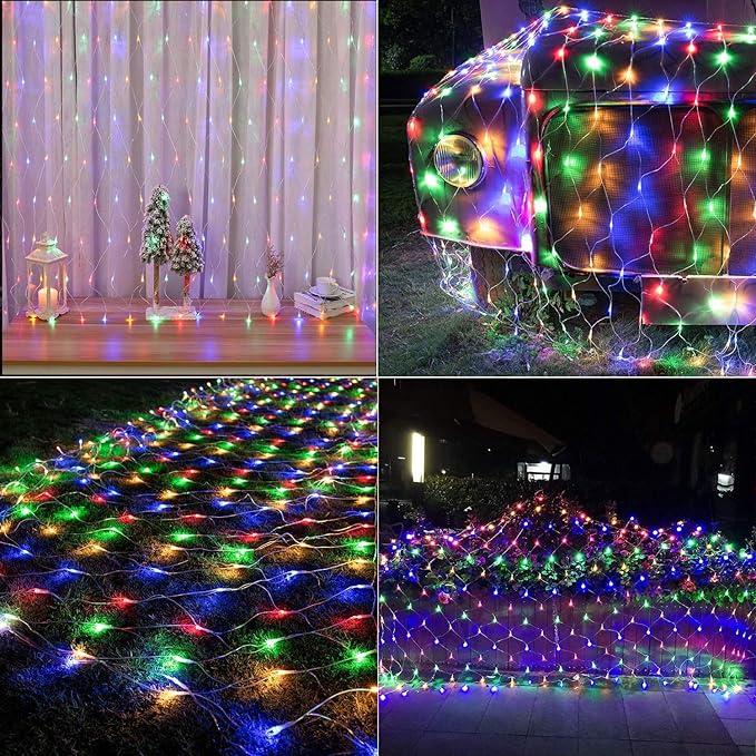 LYHOPE 12ft x 5ft 360 LED Christmas Net Lights, 8 Modes Low Voltage Mesh Christmas Decorative Lights for Xmas Trees, Bushes, Wedding, Garden, Outdoor, Indoor Decor (Multi-Color)