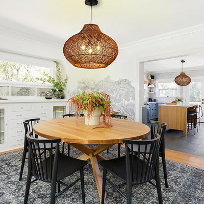 19inch Large Rattan Chandelier, Rattan Woven Chandeliers Dining Room Boho Light Fixture 3-Light Wicker Rustic Hanging Light for Kitchen Island Living Room Foyer Restaurant