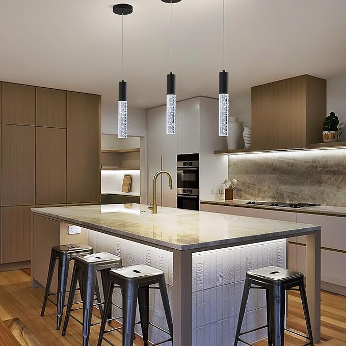 3-Pack Modern Crystal Pendant Light for Kitchen Island, Elegant Black LED Bubble Hanging Chandelier Lighting Fixture for Dining Room Bedside