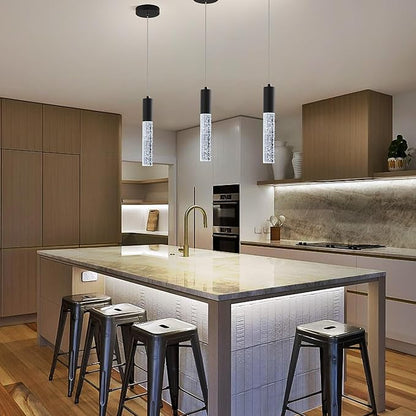 3-Pack Modern Crystal Pendant Light for Kitchen Island, Elegant Black LED Bubble Hanging Chandelier Lighting Fixture for Dining Room Bedside