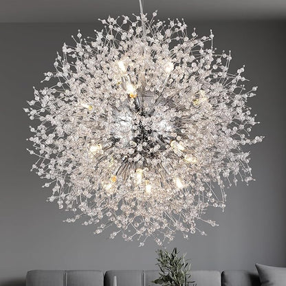 Crystal Chandeliers Dandelion, 16-Light Chrome Stainless Steel Firework Chandeliers for Living Room, 23.6" Modern Chandelier Light Fixture for Bedroom Foyer