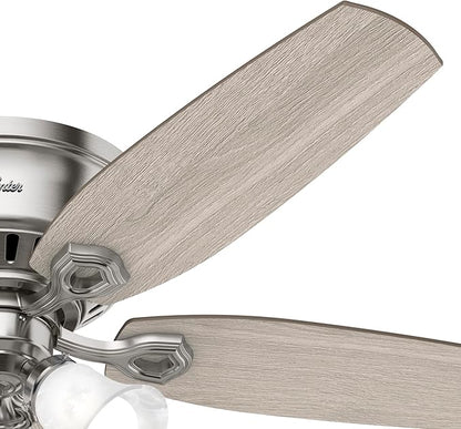 Hunter 52 inch Indoor Ceiling Fan with LED Lights - Ceiling Fan with Pull Chain, For Bedroom, Living Room, or Kitchen, Low Profile Flush Mount, No Remote, 5 Blades - Builder 51112, Brushed Nickel