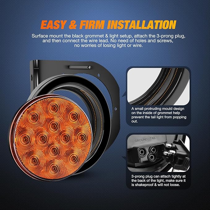 Nilight 4Inch Round Trailer Tail Light with Flush Mount Grommets Plugs w/Mounting Brackets 2PCS Amber Waterproof Turn Signals Lights for RV Truck