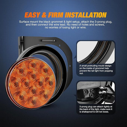 Nilight 4Inch Round Trailer Tail Light with Flush Mount Grommets Plugs w/Mounting Brackets 2PCS Amber Waterproof Turn Signals Lights for RV Truck