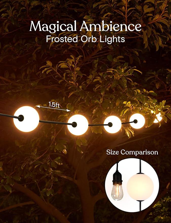 Brightech Orb Outdoor Indoor String Lights - Connectable Set of 2 Frosted Lantern LED String with Weatherproof Globe Lights - Commercial Grade Light Strand for Patio, Porch - 60 Ft, 20 Bulbs Total