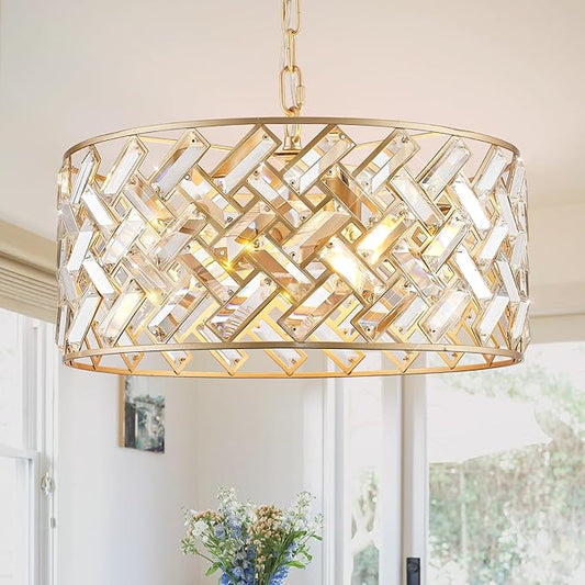 CATINER Gold Crystal Chandelier Modern 18" Round Semi Flush Mount Ceiling Light for Dining Living Room Bedroom & Foyer - Large Round Pendant Fixture