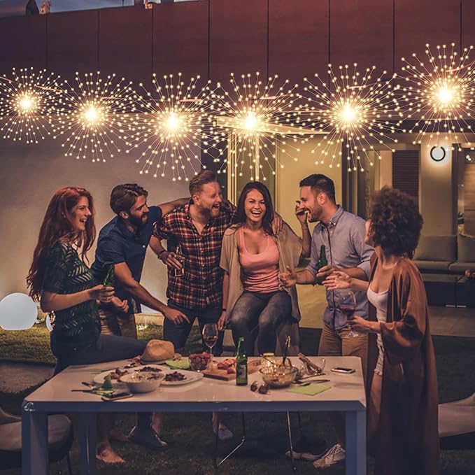 SHUKAN 5 Pcs 1000 LED Plug-in Starburst Sphere Lights, Firework Light 8 Modes Dimmable Remote Control Waterproof Hanging Fairy Light, Copper Wire Lights for Patio Party Tent Christmas (Warm White)