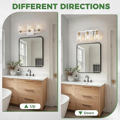 DORESshop 17 Inch Bathroom Light Fixtures, 3-Light White and Gold Bathroom Lighting Fixtures Over Mirror with Clear Glass Shade, Vanity Lights for Living Room Bedroom