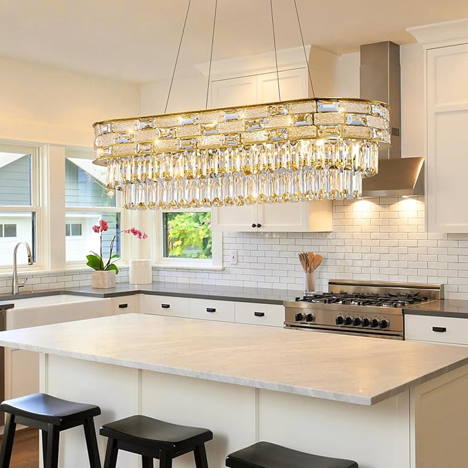 Large Oval K9 Crystal Chandelier - Luxury Modern 3 Tier Linear Crystals Chandeliers - 15 Lights Brushed Gold Pendant Light Fixture for Dining Room Kitchen Island Entryway Bar Living Room - L34.3 Inch