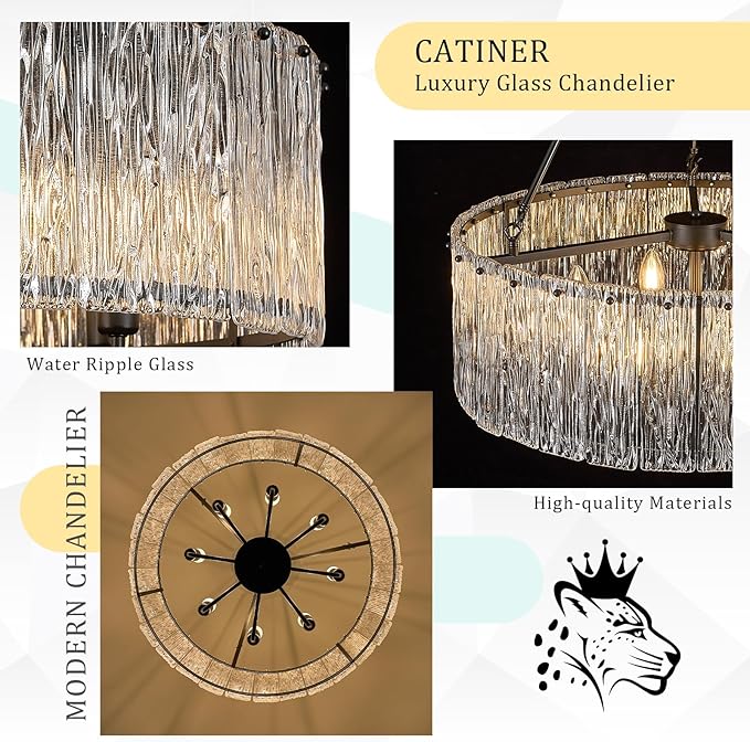 CATINER Modern Drum Chandelier 24.4" Black Crystal Glass Chandeliers 8-Light Luxury Ceiling Pendant Lighting Fixture for Dining Room Foyer Living Room Bedroom