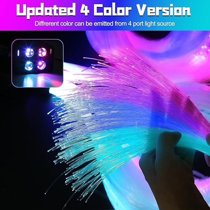 4 Colors 32W Twinkle Car Starlight Headliner Kit 600pcs*0.03in*13.1ft with APP&RF Remote, RGBW Fiber Optic Strands Star Roof Lights,4 Port Engine Sound Activated Ceiling Star Lights for Home/Car Decor