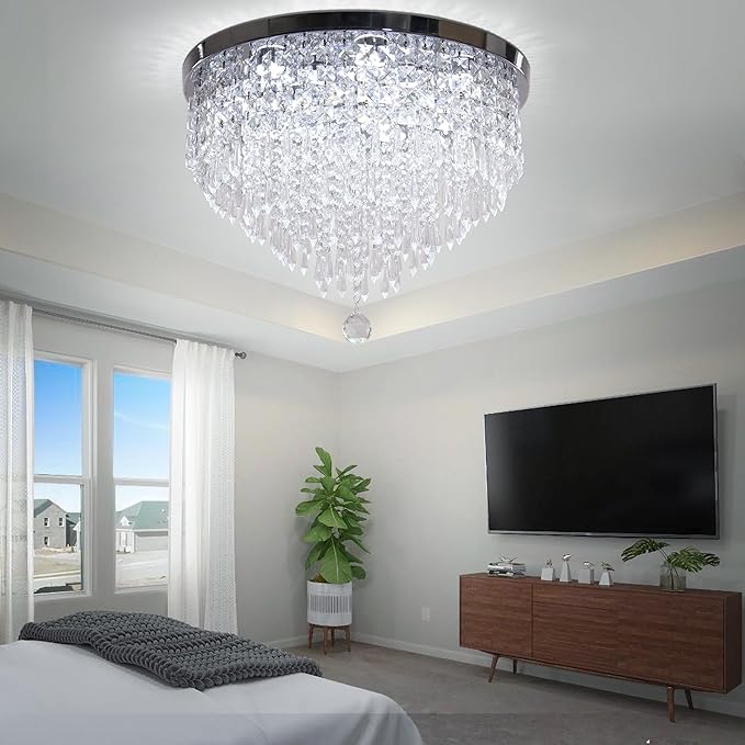 19.7" Modern Crystal Chandeliers LED 5 Tier Crystal Ceiling Light Fixture Flush Mount Round Ceiling Chandeliers for Dining Room Bedroom, 6500 K Cool White