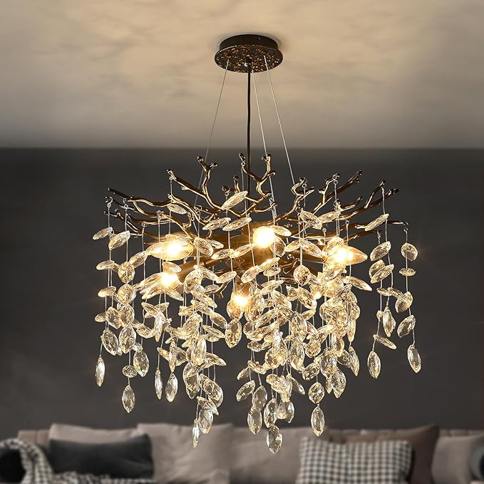EGM Black Tree Branch Crystal Chandelier, 18 Inch Modern Dining Room Crystal Chandelier 6-Light(E12), Hanging Round Chandeliers for Living Room Bedroom Foyer