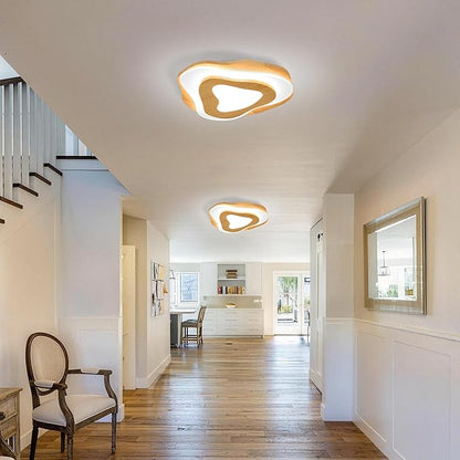Littleglovo 15.7" Modern Flush Mount LED Chandelier for Dining Room, Natural Wood Petal Energy Chandeliers Ceiling Light for Entryway Bedroom Foyer Kitchen Living Room Bathroom