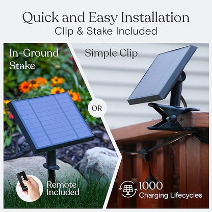 Brightech Ambience Pro Solar Powered Outdoor String Lights, 48ft Remote Control Commercial Grade Waterproof Patio Lights, 15 Edison Bulbs, Shatterproof LED String Lights for Outside - 1W Soft White
