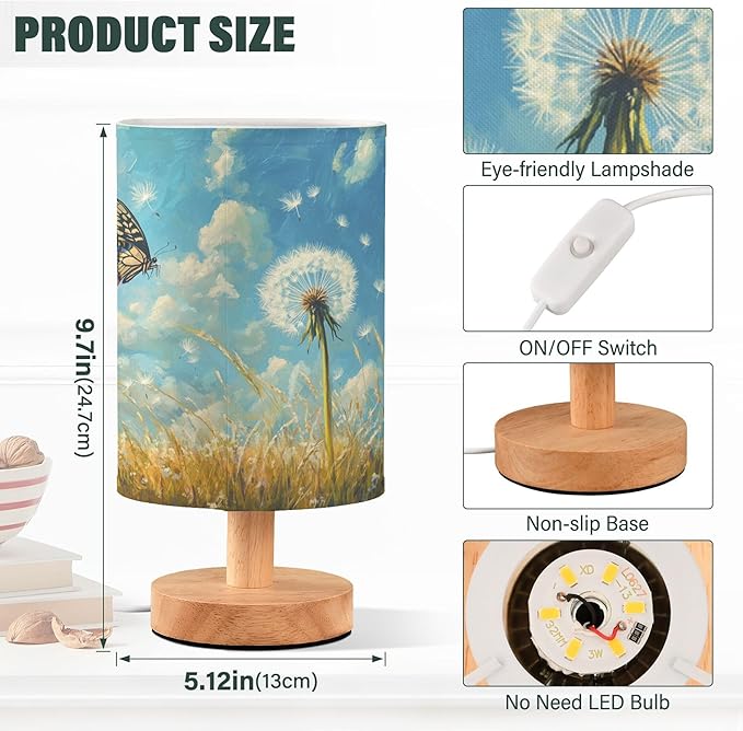 Table Lamp Dandelion Field Butterfly Nature Blue Sky Nightstand Lamp with Wood Base Fabric Lamp Shade Bedside Desk Lamp for Living Room Bedroom Kids Room Office