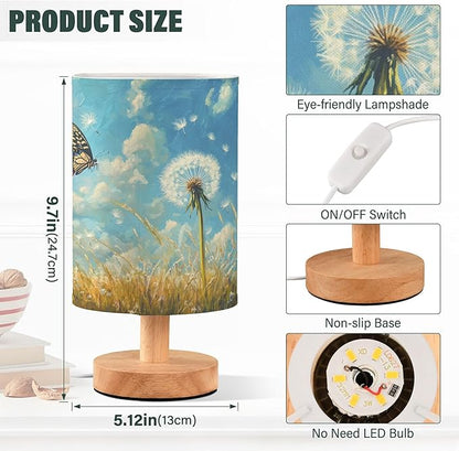 Table Lamp Dandelion Field Butterfly Nature Blue Sky Nightstand Lamp with Wood Base Fabric Lamp Shade Bedside Desk Lamp for Living Room Bedroom Kids Room Office