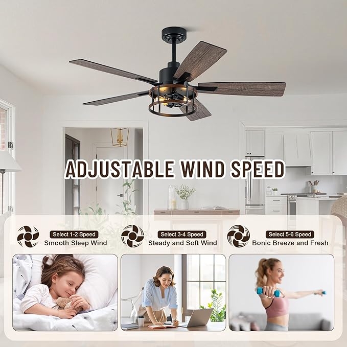 52" Farmhouse Ceiling Fans with Lights, Caged Ceiling Fan with Light and Remote,Reversible Motor,5 Double Finish Wood Blades,Black Rustic Industrial Ceiling Fan for Living Room/Dining Room