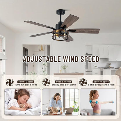 52" Farmhouse Ceiling Fans with Lights, Caged Ceiling Fan with Light and Remote,Reversible Motor,5 Double Finish Wood Blades,Black Rustic Industrial Ceiling Fan for Living Room/Dining Room