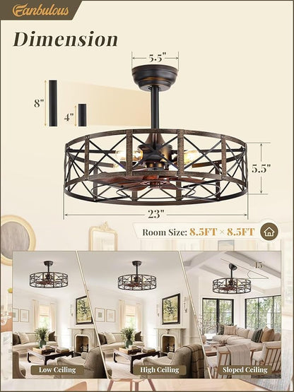 Fanbulous 23 Inch Fandelier Caged Ceiling Fans with Lights and Remote, Black Farmhouse Ceiling Fan, Bladeless Samll Fan Lights Ceiling Fixtures for Kitchen, Bedroom-Black and Gold