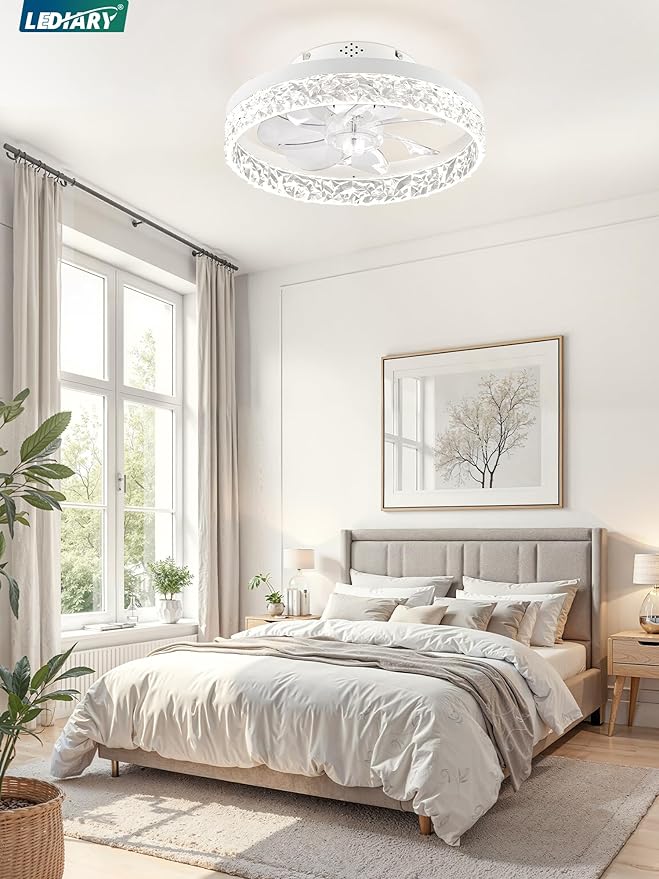 LEDIARY 15.7 Inch Low Profile Ceiling Fans with Lights and Remote, Flush Mount Ceiling Fan, 3000K-6000K Fandelier Dimmable Ceiling Fan, Modern Ceiling Fans with Light for Bedroom- White