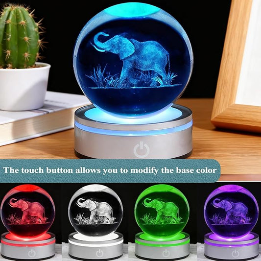 Elephant Gifts, 3D Elephant 3.15 Inch (80mm) Crystal Ball Lamp with Battery Powered, RGB Color Light for Birthday Xmas Cool Upgraded Animal Figurines Gifts for Room Decor Boys Girls