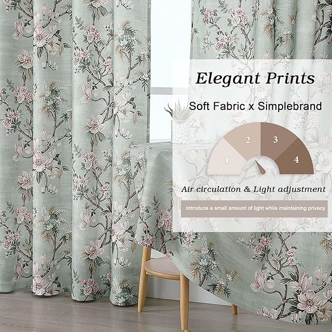 Simplebrand Light Green Floral Linen Textured Tier Kitchen Curtains 24 Inch 2 Panels, Light Filtering Privacy Cafe Small Window Curtains for Bathroom RV Camper, Soft Rod Pocket Panels, 30" W x 24" L