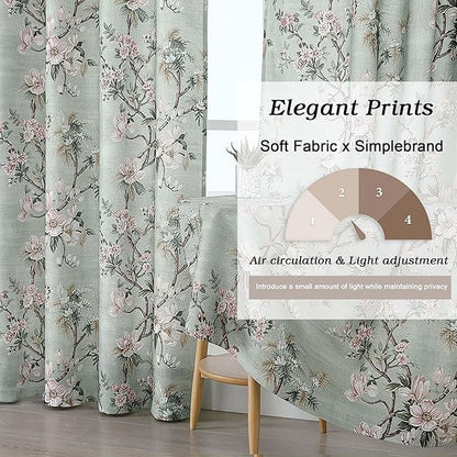 Simplebrand Light Green Floral Linen Textured Tier Kitchen Curtains 24 Inch 2 Panels, Light Filtering Privacy Cafe Small Window Curtains for Bathroom RV Camper, Soft Rod Pocket Panels, 30" W x 24" L