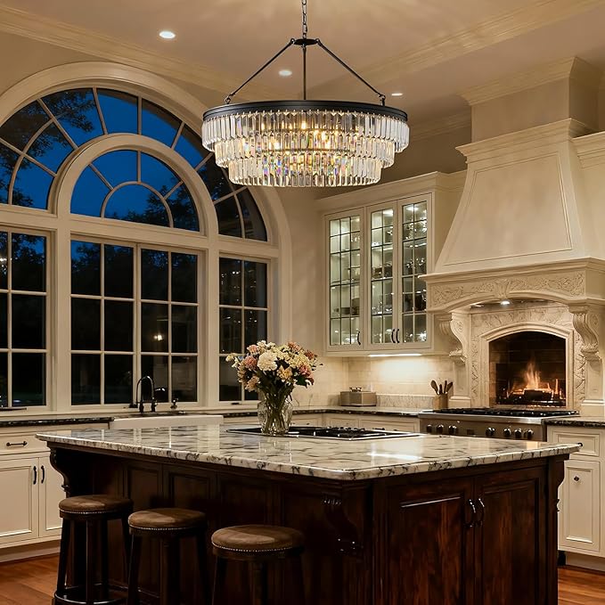 Black Modern Round Crystal Chandelier: 28" K9 Luxury Crystals Contemporary Chandeliers for Dining Room Lights over Table - Adjustable Large Light Chandelier for Bedroom Living Kitchen Entryway Foyer