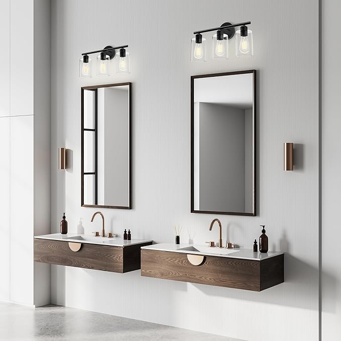 Bathroom Vanity Light Fixtures Matte Black Bathroom Lighting Fixture, 3 Lights Bathroom Light Fixture Over Mirror, Modern Black Vanity Light, UL Certified Wall Sconces with Glass Shades