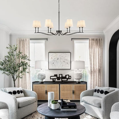 8 Light Black Chandelier with White Linen Shade 44'' Fabric Dining Room Chandeliers Over Table Transitional Living Room Chandeliers for Master Bedroom Entry Hanging Light Fixture Home Office Kitchen