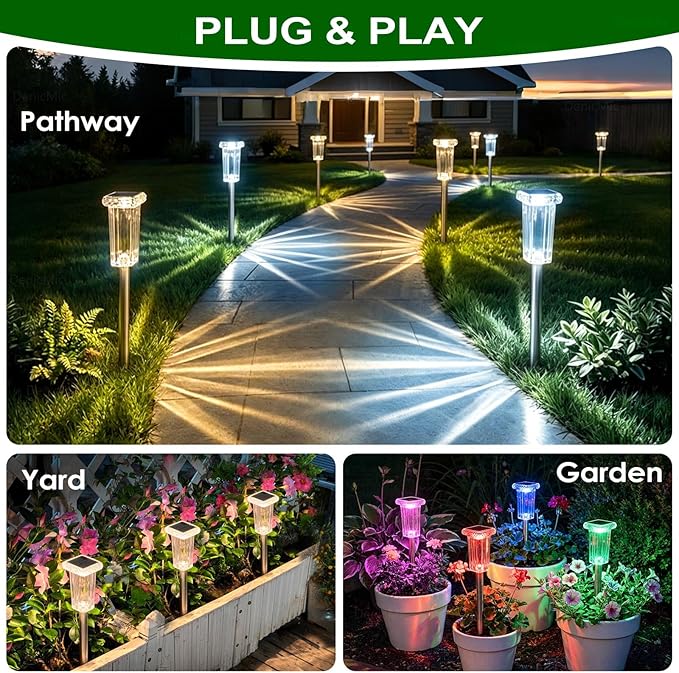 DenicMic Solar Lights Outdoor Waterproof 8 Pack Bright 3000K 4000K 6000K White and 6 Fixed Color and Color Changing LED Landscape Path Lighting for Outside Yard Pathway Walkway Garden Decor